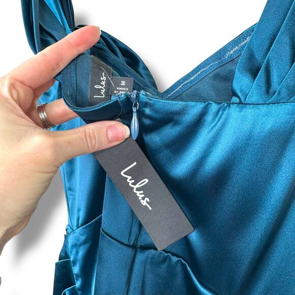Lulus NWT Stunning Arrival Dark Teal Satin Off-the-Shoulder Maxi Dress Medium - Picture 9 of 10